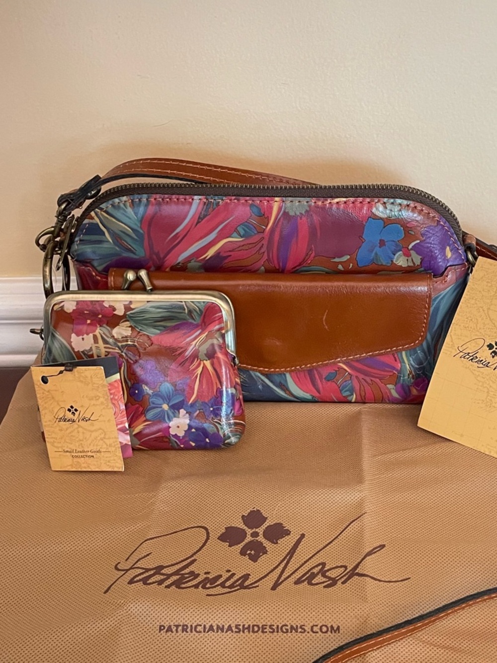 Patricia Nash Floral Leather Crossbody with Brown Trim and Multicolor Print